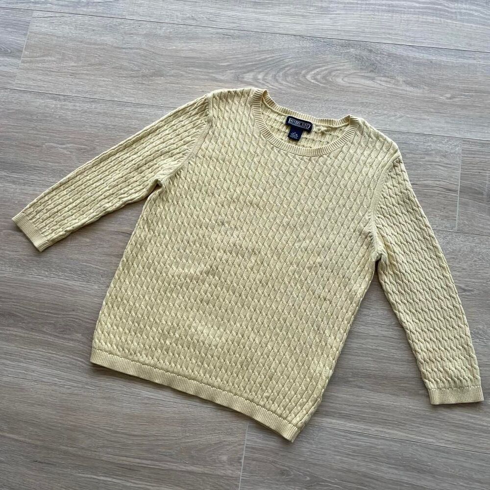 Lands' End Butter Yellow Cable Knit Sweater Women's Large Granny Cottage Capsule